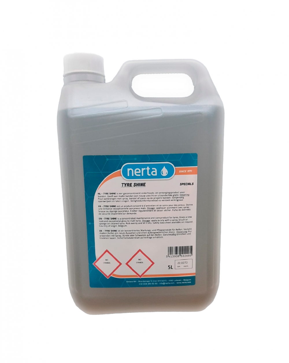 NERTA TYRE SHINE er et konsentrert silikonbasert produkt for vedlikehold og kondisjonering av dekk og utvendig plast.