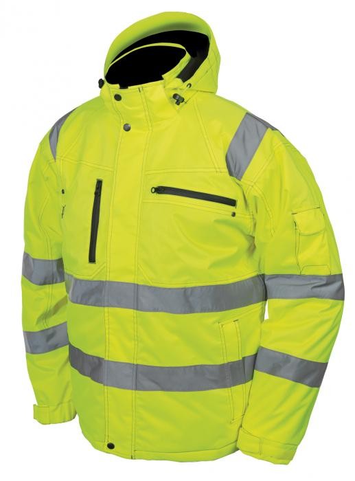 Vind- og vannavvisende jakke. PU-belagt med teipede sømmer. To sidelommer, to brystlommer. Mobiltelefonlomme under klaff, innvendig lomme. Kraftig glidelås under klaff i front. Forlenget rygg. Elastikk regulering i nedkant. Regulerbar og avtagbar hette. P