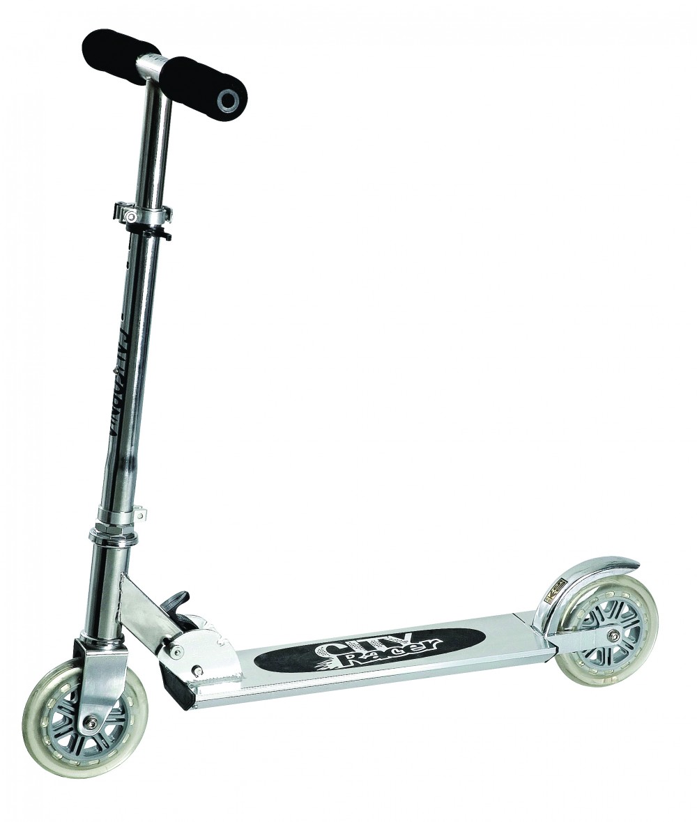 SPARKESYKKEL CALIFORNIA City Racer California City. Sparkesykkel med stålflate, ABEC 5 krom kule- lager,120x24 mm hjul, bakbrems og justerbart styre fra 67-79 cm. Maks 50 kg. Vekt 2,5kg.